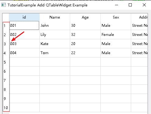 numbers on the left of pyqt table