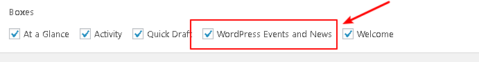 wordpress events and news in screen options