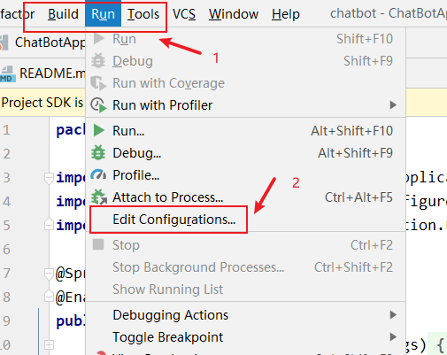 Click Run and Edit Configurations in IDEA