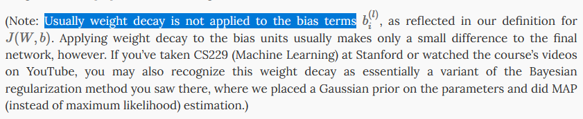 Usually weight decay is not applied to the bias terms