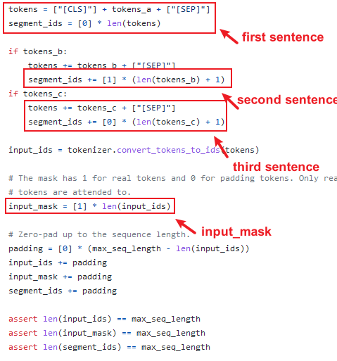 input three sentences to bert model