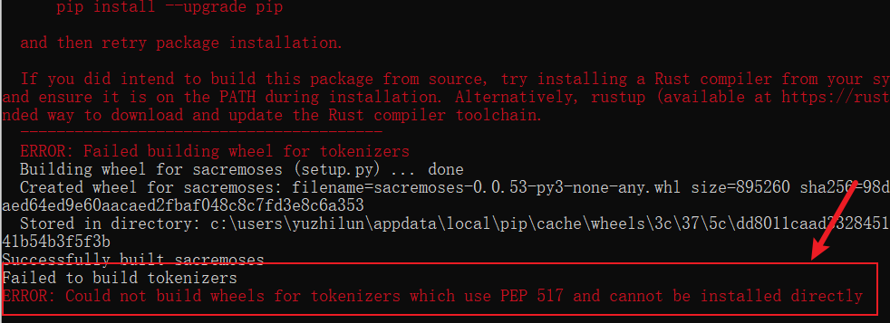 Fix ERROR: Could not build wheels for tokenizers which use PEP 517 and cannot be installed directly - Bert Tutorial