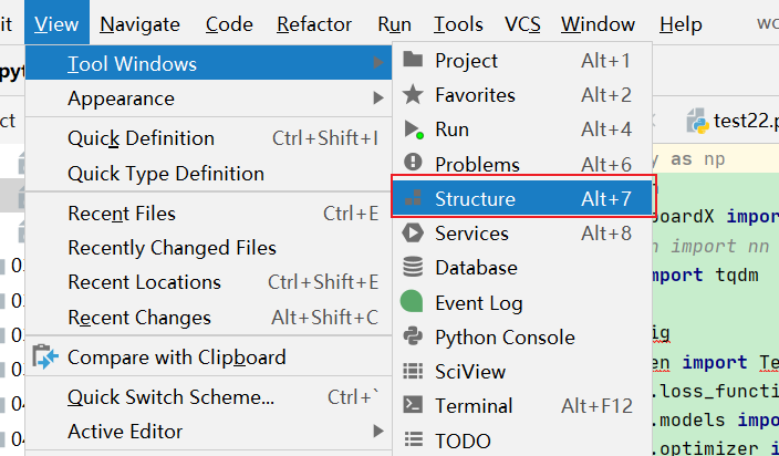 pycharm display or hide python source code hierarchy